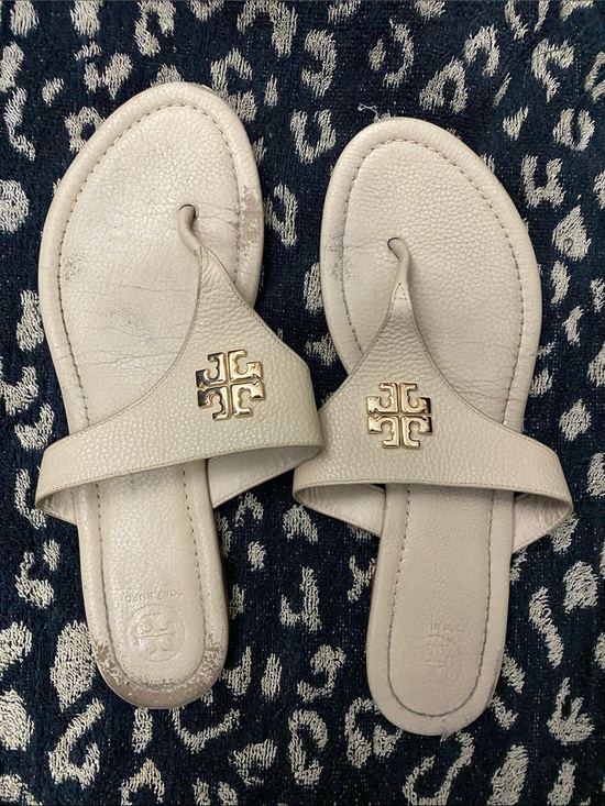 Tory Burch Shoes - Tory Burch Beige Logo Thong Sandals with Gold Emblem